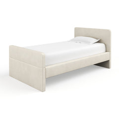 Beige bed with light beige upholstery and matching base.