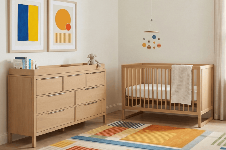 light brown crib and dresser Mid-Century Crib and 6 Drawer Dresser Nursery Set in Hazelnut